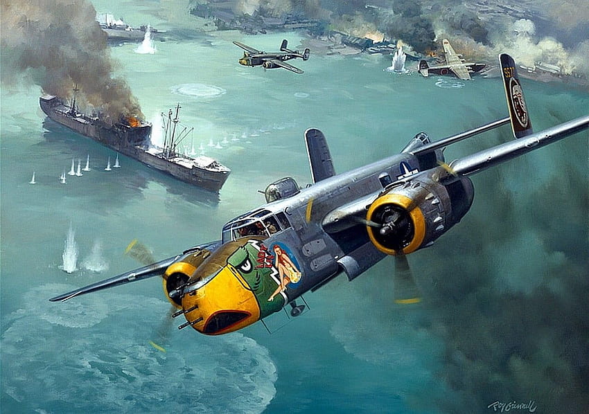 灰色と黄色の飛行機、第二次世界大戦、軍用機、航空機、ミッチェル、第二次世界大戦の飛行機 高画質の壁紙