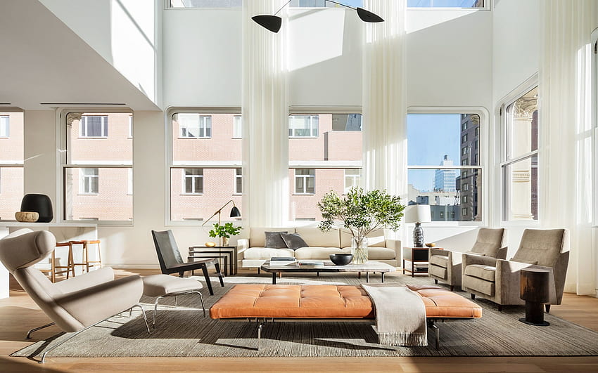 стилен апартамент, манхатън, хол, сиви дивани в хола, стилен модерен интериор, идея за хол HD тапет
