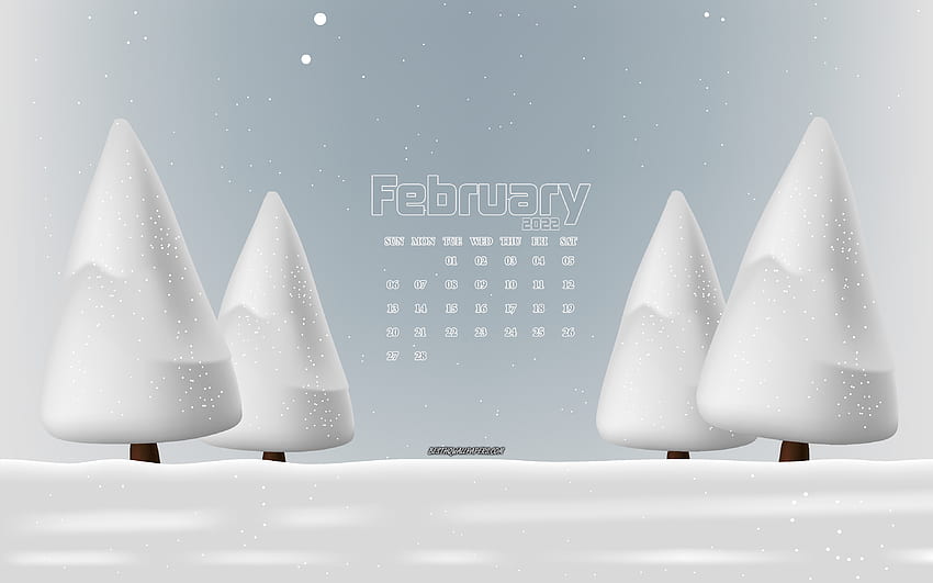 Calendário de fevereiro de 2022, paisagem de inverno, inverno, neve, calendários de 2022, fevereiro, calendário de fevereiro de 2022 papel de parede HD