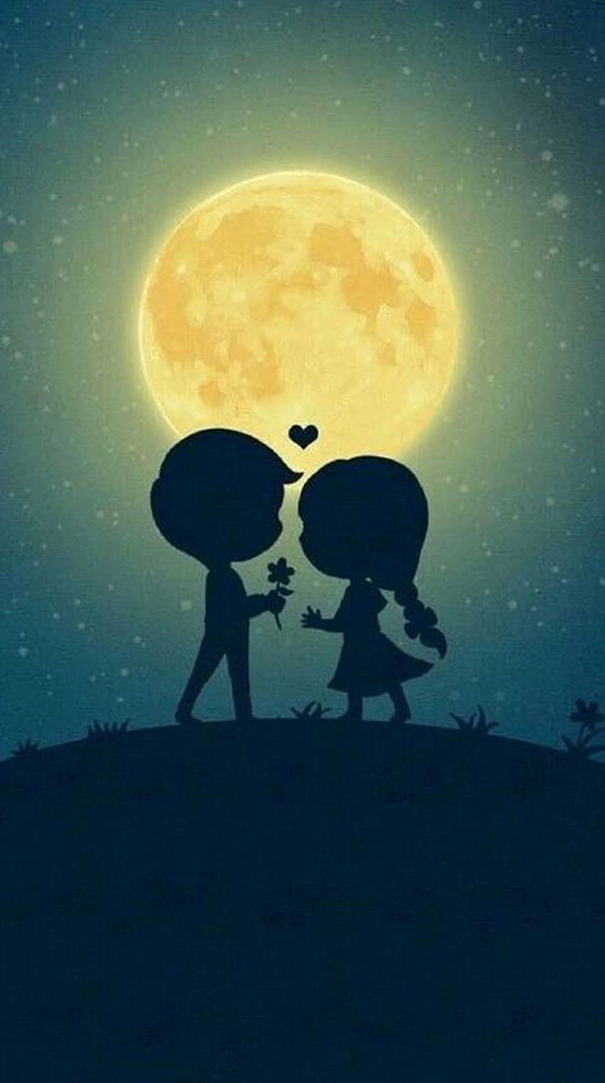 amour, enfants, fille, homme, lune, rose. Caricature de couple, Amour, Couple de dessin animé d'amour Fond d'écran de téléphone HD