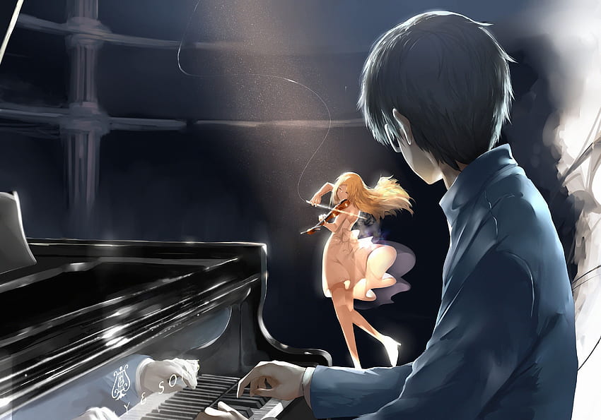 Man playing piano watching woman playing violin, Shigatsu wa Kimi HD wallpaper