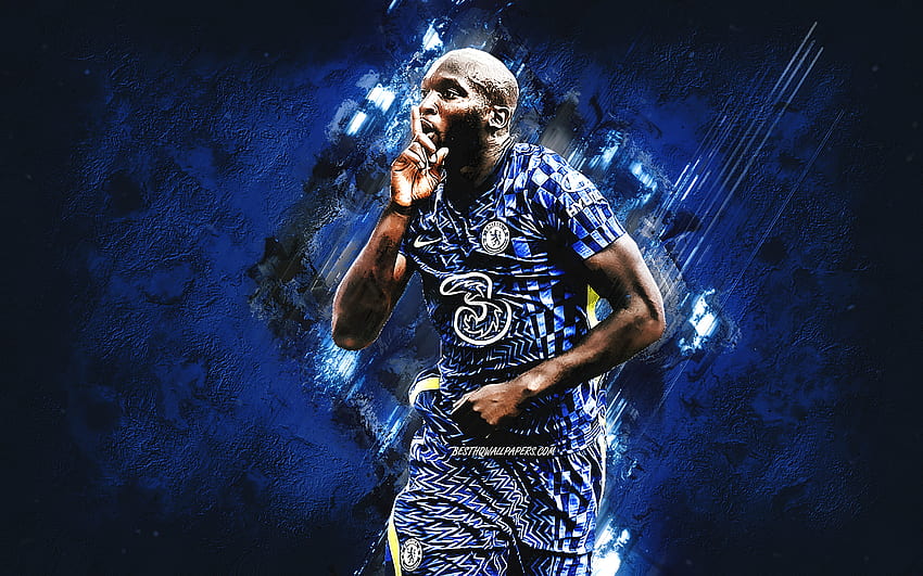 Romelu Lukaku, O Chelsea FC, Belga jogador de futebol, Lukaku Chelsea, pedra azul de fundo, Lukaku arte, Premier League, futebol papel de parede HD