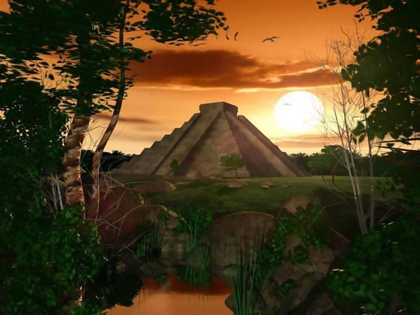 SUNSETTING OVER A PYRAMID, set, architecture, sun, pyramid HD wallpaper