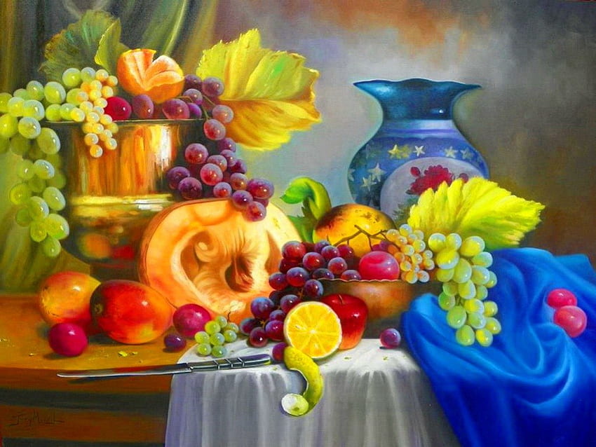 정물, 풍부, 다채로운, 복숭아, 야채, 좋은, 멜론, 살구, , 레몬, 맛있는, 자두, 예술, 딸기, 아름다운, 과일, 잎, 예쁜, 포도, 사랑스러운 HD 월페이퍼