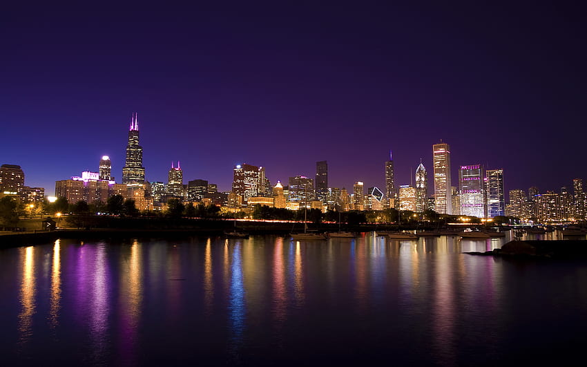 Chicago at Night, night, water, waterfront, chicago HD wallpaper