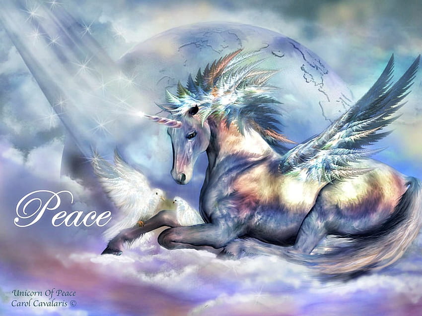Unicorn Perdamaian, biru, sayap, seni, carol cavalaris, pegasus, merah muda, fantasi, unicorn, perdamaian, awan Wallpaper HD