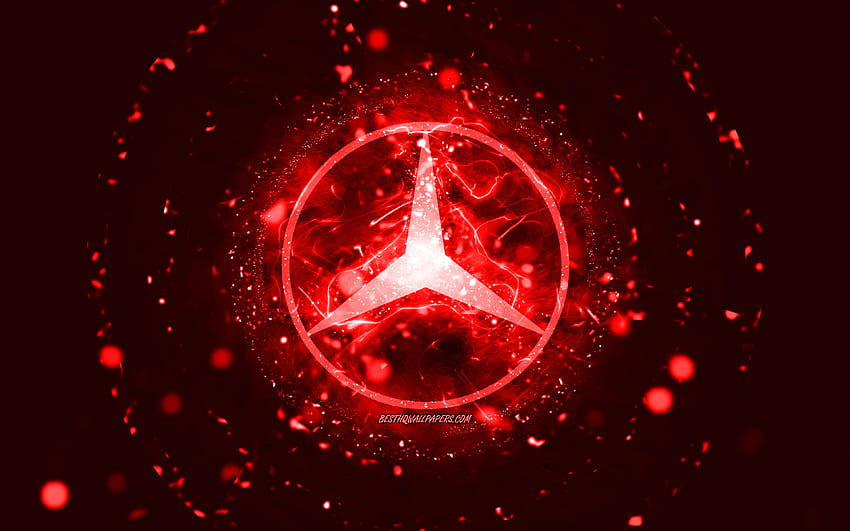 Червено лого на Mercedes-Benz, , червени неонови светлини, творчески, червен абстрактен фон, лого на Mercedes-Benz, марки автомобили, Mercedes-Benz HD тапет