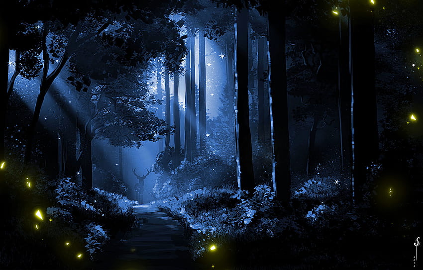 Art, Night, Silhouette, Forest, Deer HD wallpaper