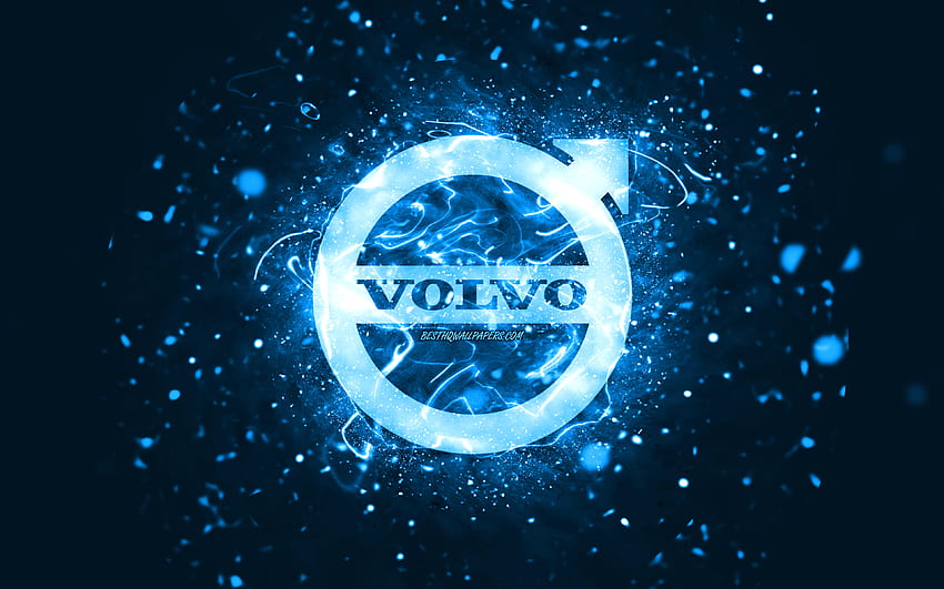 Синьо лого на Volvo, , сини неонови светлини, творчески, син абстрактен фон, лого на Volvo, марки автомобили, Volvo HD тапет