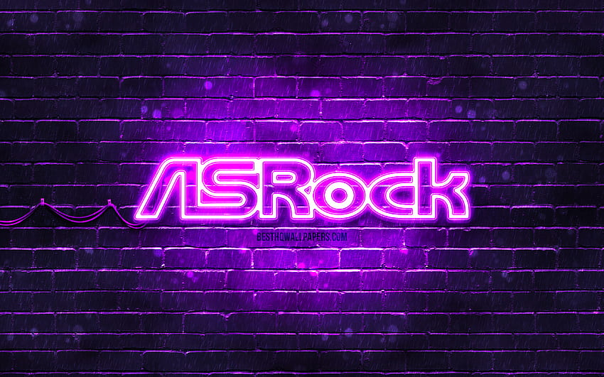ASrock violet logo, , violet brickwall, ASrock logo, brands, ASrock neon logo, ASrock HD wallpaper