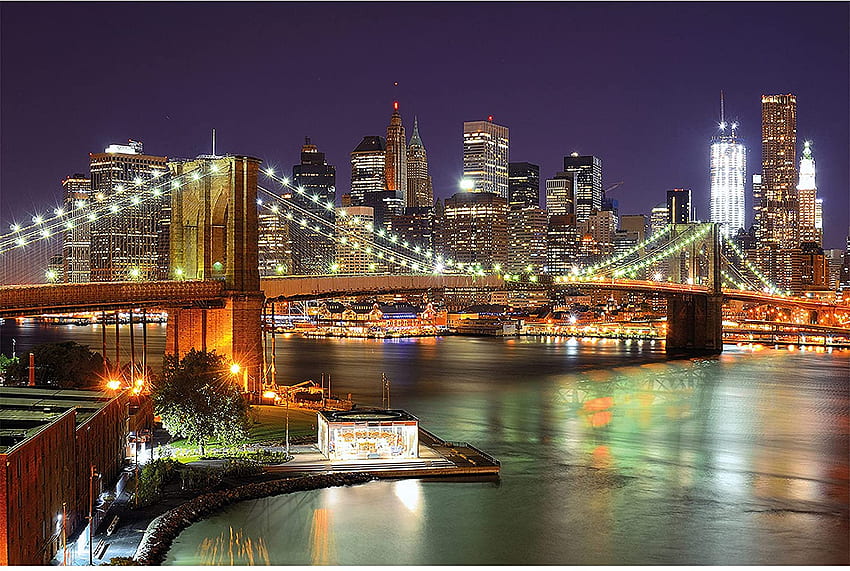 Poster – Brooklyn Bridge at Night – Decoration New York City Illuminated Skyscraper Skyline Wall Street USA America Sky Decor Wall Mural (.4in - cm) HD wallpaper