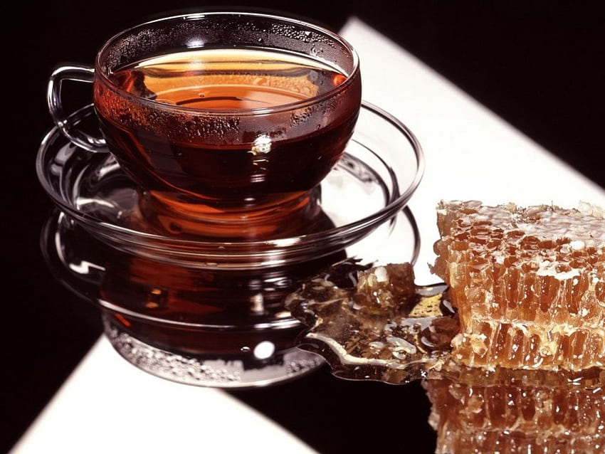 HONEYCOMB & TEA, tazze, nature morte, tè, pausa, , caffè, miele, bevande Sfondo HD
