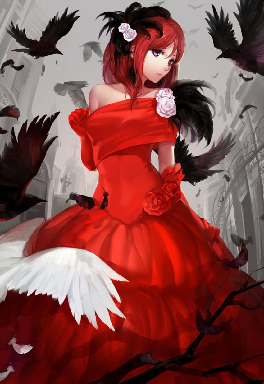 anime, Kız, Kuş, Kırmızı, Dress, Rose / and Mobile Background, Cool Red Girl HD telefon duvar kağıdı