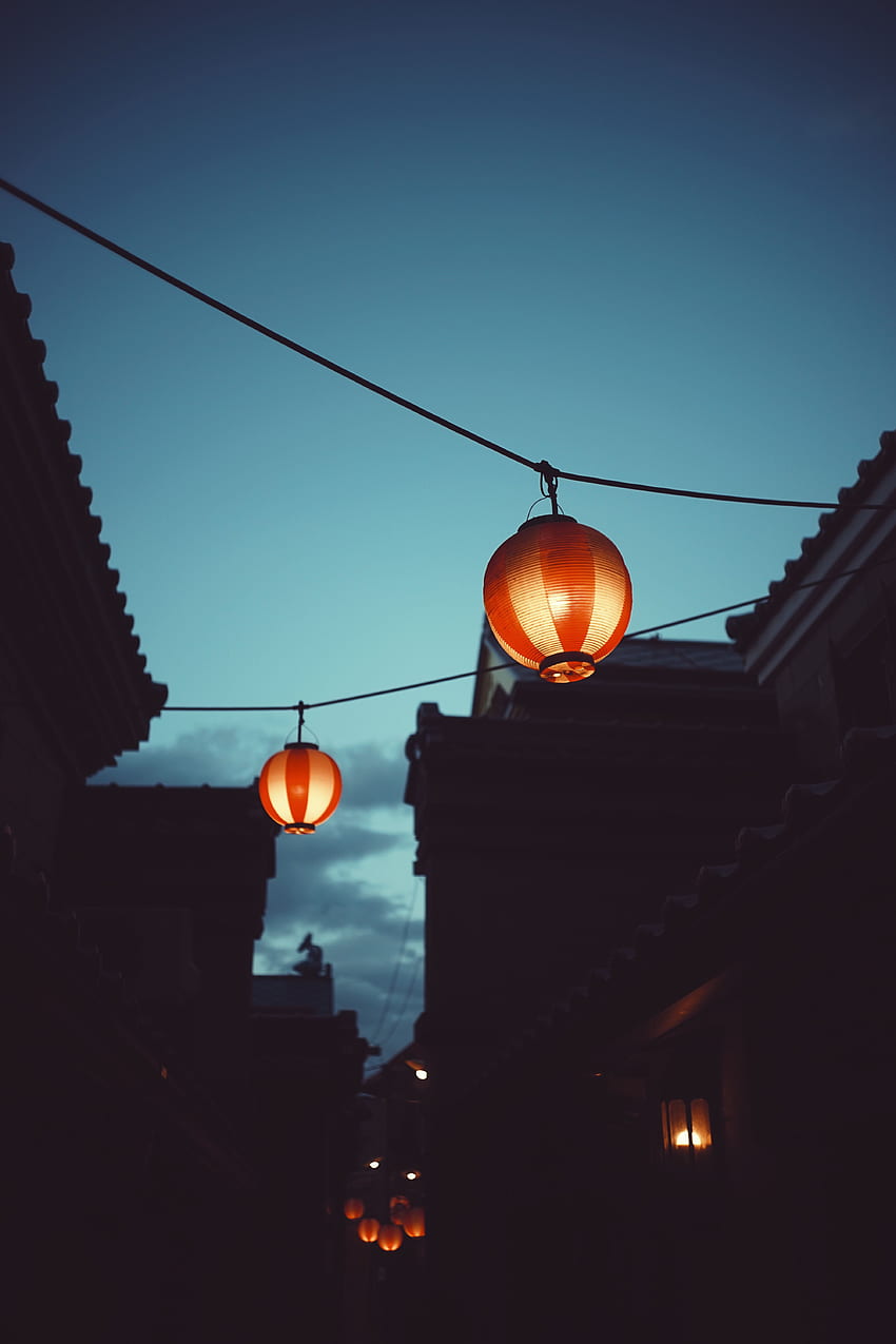 Sky, Night, Building, Dark, Chinese Lanterns HD phone wallpaper