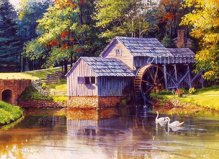 Mabry Mill, artwork, river, swans, painting, trees, autumn, water HD wallpaper