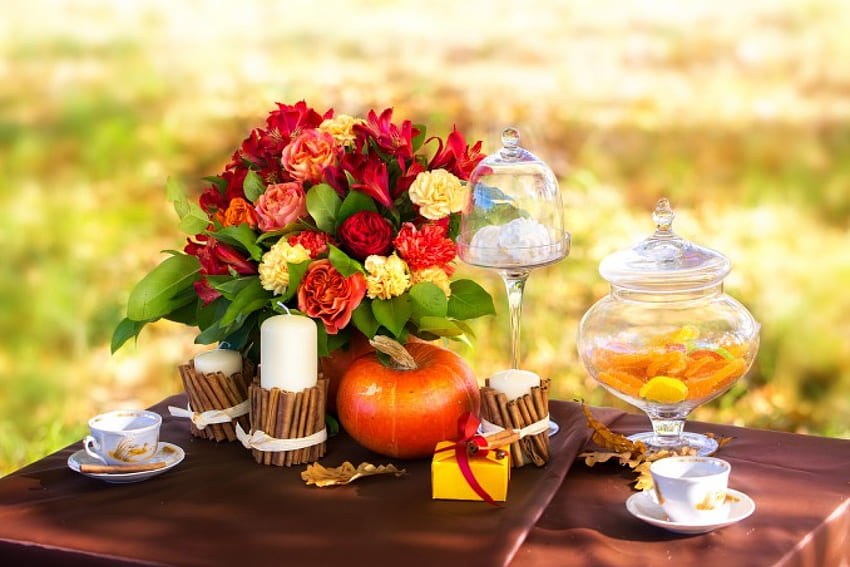 Есенна красота, маса, канелени пръчици, панделка, есенни листа, трева, подарък, натюрморт, тиква, есен, цветя, чаша за чай, свещи, романтично, чинийка HD тапет