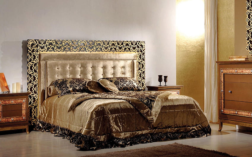 Un toque de oro, dorado, arquitectura interior, arquitectura, cama, , oro, dormitorio, pared, gráfico, almohadas fondo de pantalla