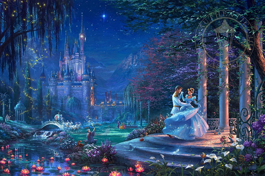 Cinderella's dance, night, blue, hirl, cinderella, dance, art, man, disney, dress, painting, fantasy, prince, couple, luminos, princess, castle HD wallpaper