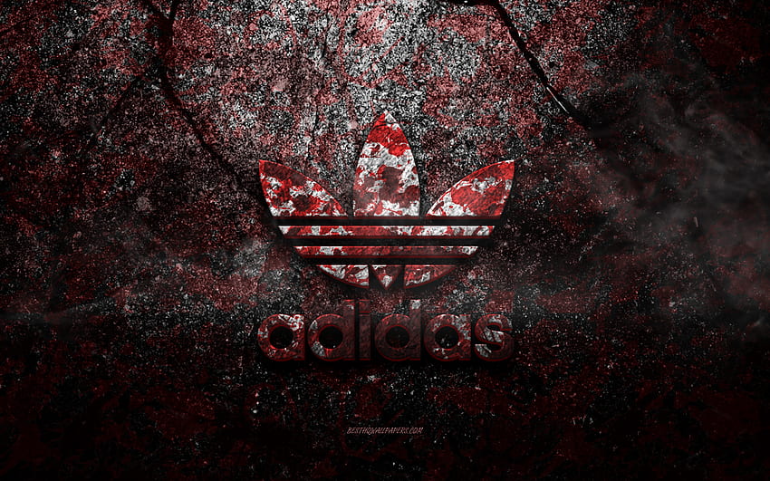 Logo Adidas, sztuka grunge, logo kamienia Adidas, tekstura czerwonego kamienia, Adidas, tekstura kamienia grunge, emblemat Adidas, logo Adidas 3D Tapeta HD