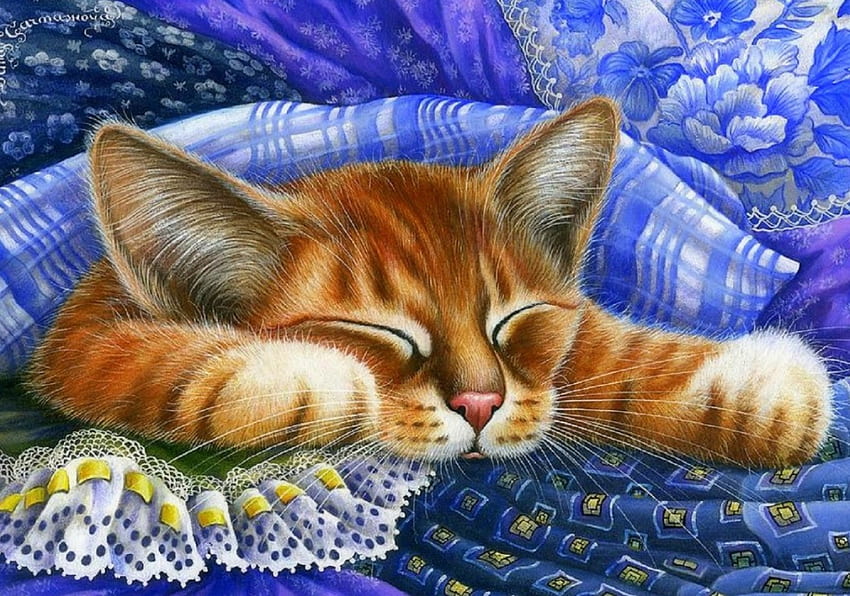 Sob o Tecido Azul, ame as quatro estações, animais, gatos, desenhe e pinte, pinturas papel de parede HD