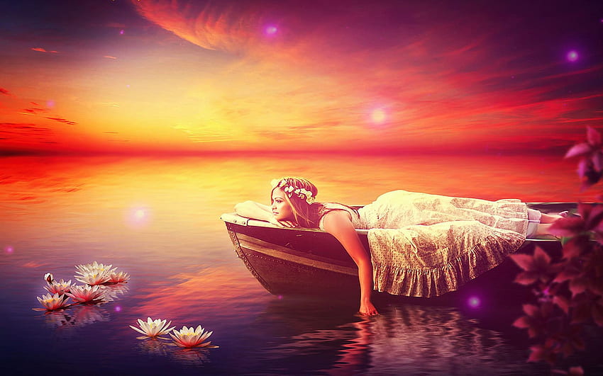 Illusions, boat, Girl, blossoms, colors, sky, flowers, waterlilies, sunset HD wallpaper