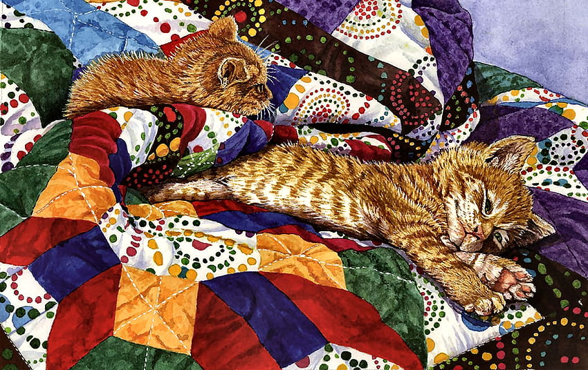 The Easy Life - Cats, animal, art, cats, feline, beautiful, illustration, artwork, wide screen, painting, pets, quilt HD wallpaper
