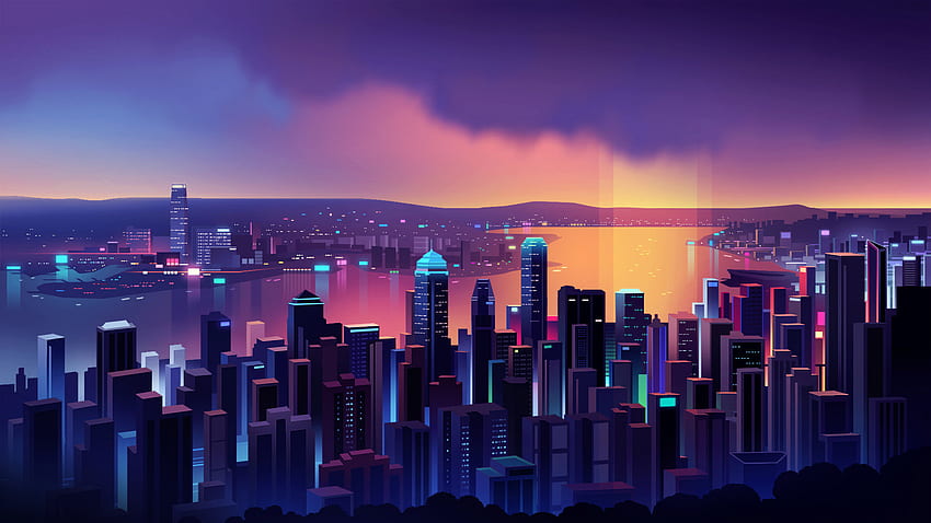 Hong Kong, edificios, paisaje urbano, noche, arte. fondo de pantalla