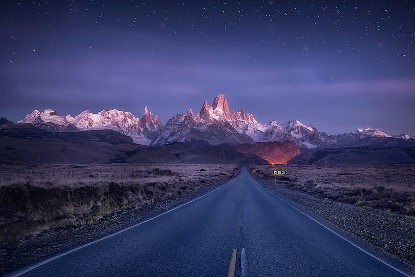Mount Fitz Roy, Patagonia, droga, Argentyna, gwiaździste niebo Tapeta HD