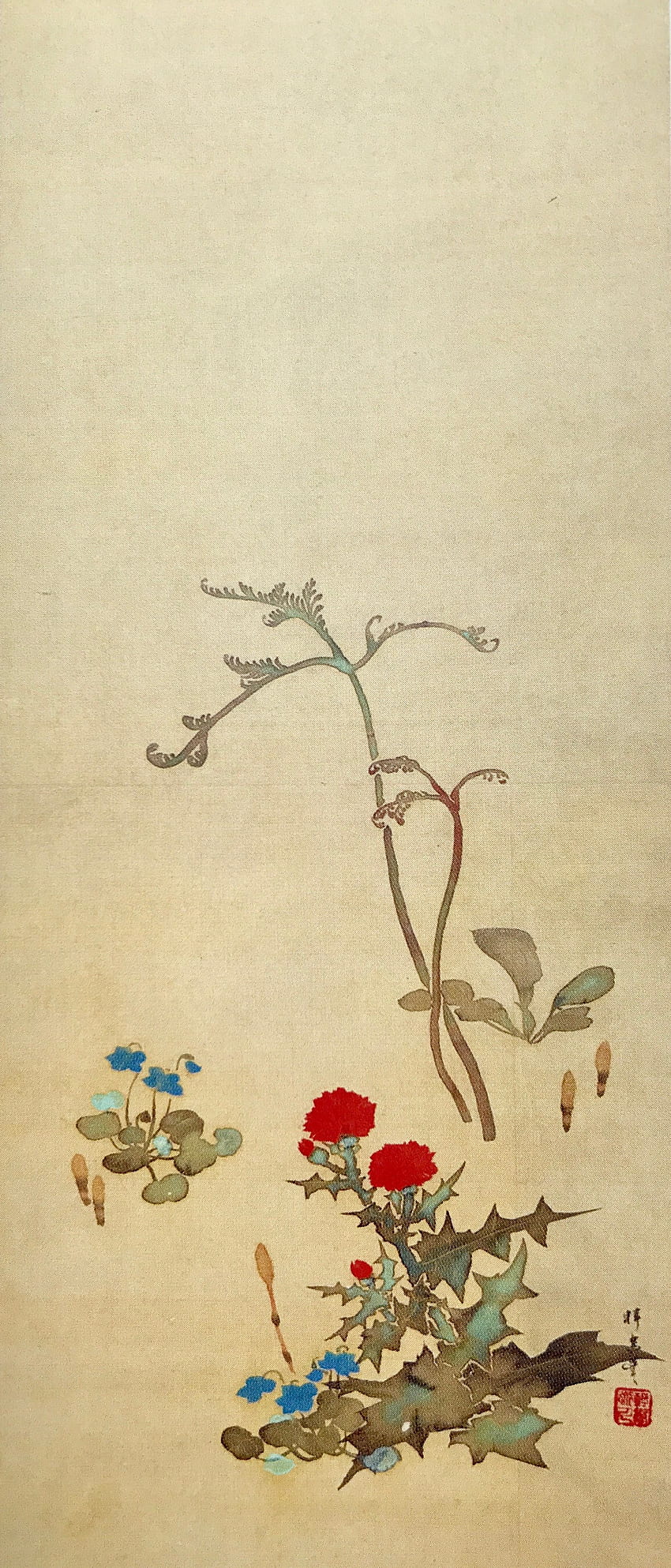 Цветята на пролетта. Сакай Хоицу. Около 1810 г. Едно от триото, Японско изкуство на цветя HD тапет за телефон