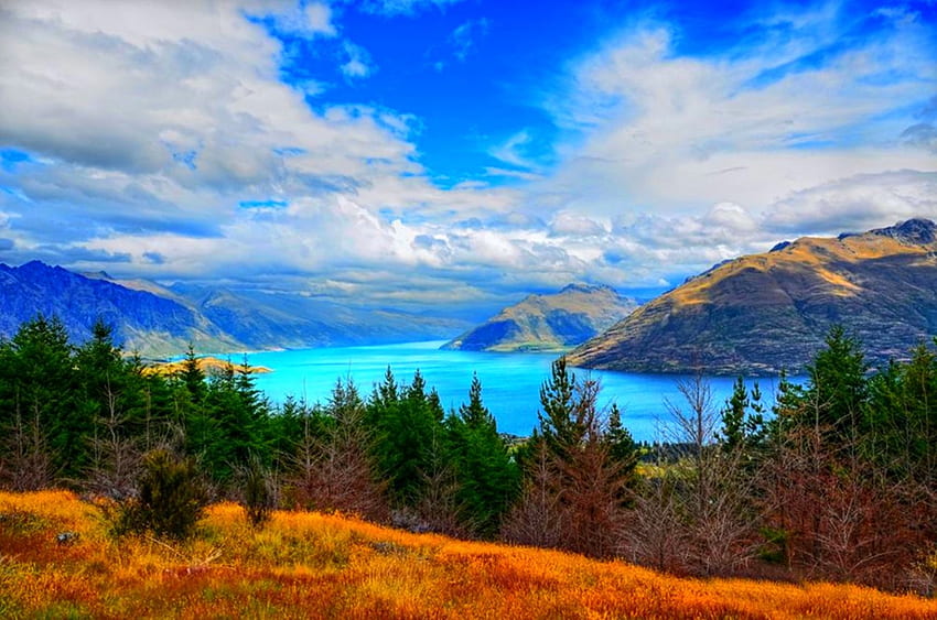 Danau Wakatipu, Selandia Baru, langit biru, awan, pohon, indah, rumput, pegunungan, hutan, danau Wallpaper HD