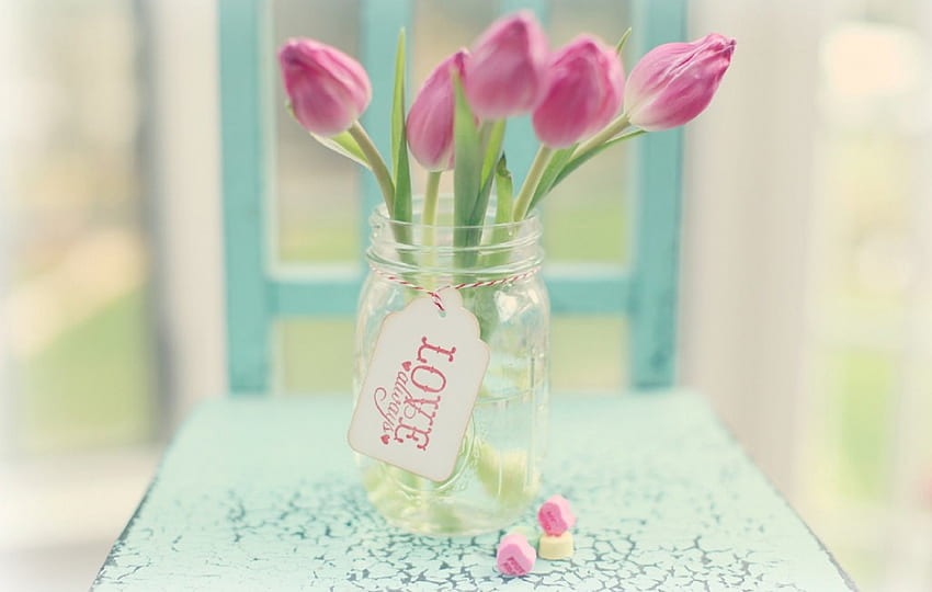 Love Always , krzesło, pastel, miękkość, tulipan, grafika, wazon, piękny, różowy, miłość, kwiaty, różowy tulipan, śliczny Tapeta HD