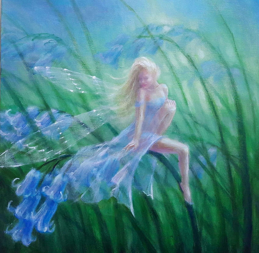 Fairy with Bluebells, blue, art, lynne bellchamber, bluebell, girl, fairy, painting, fantasy, flower, green, luminos HD wallpaper