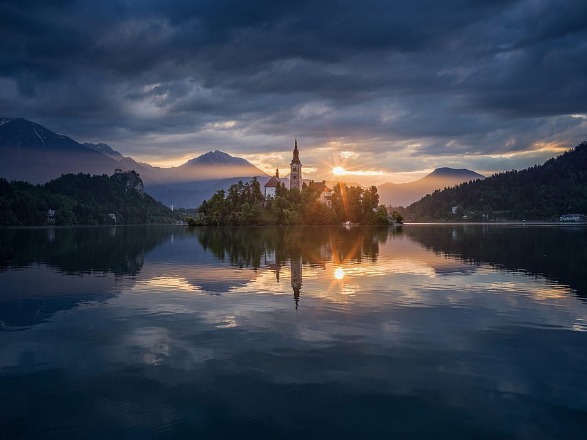 Lake, reflections, church on island, sunset HD wallpaper