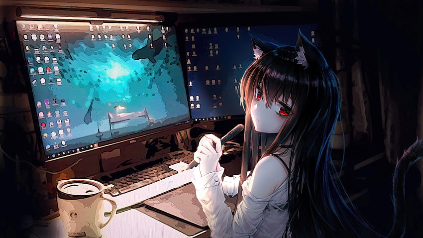 Anime, Menina, Computador, , , Programação Anime papel de parede HD