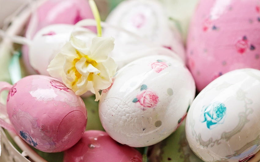 Happy Easter!, blue, rose, egg, pink, white, yellow, flower, easter HD wallpaper