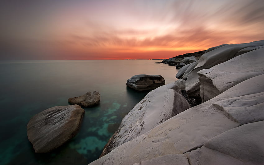 Tramonto, costa, rocce, vista sul mare, mare, costa, Cipro Sfondo HD