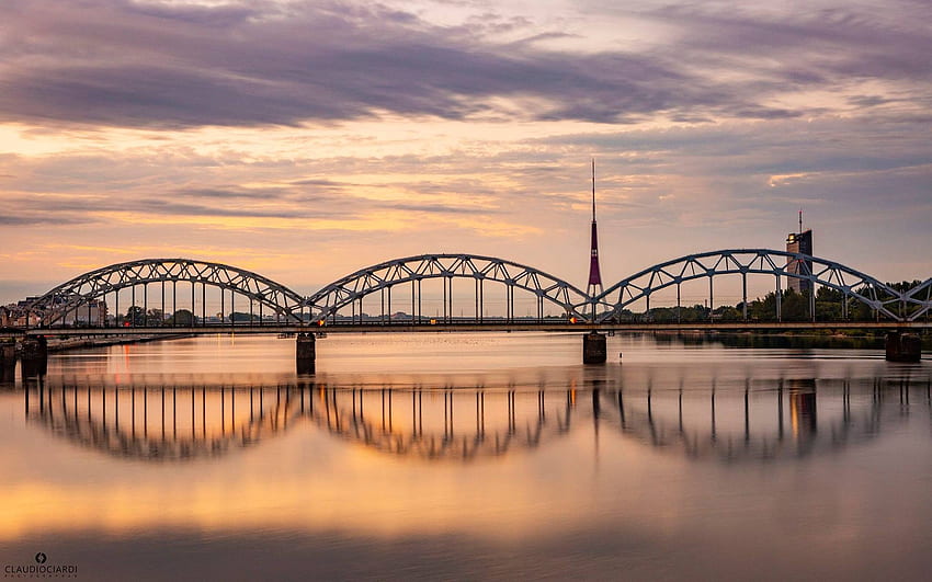 Ponte ferroviária em Riga, Letónia, bidge, rio, Letónia, Riga papel de parede HD