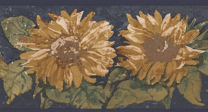 Жълти цветя, тъмносиня ретро бордюрна боя по дизайн, ролка 15' x 5,25