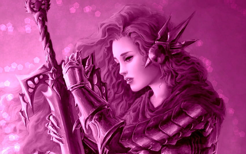 Warrior girl, sword, glitter, girl, beauty, armor, woman, purple, pink, fantasy, princess, warrior HD wallpaper