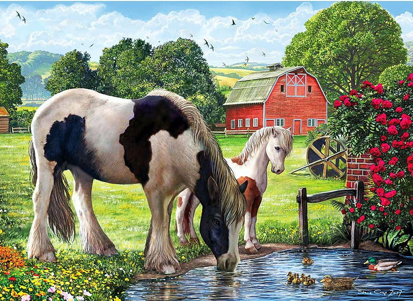 Hadlow Creicket Mare, kuda, gudang, lukisan, pohon, anak kuda, padang rumput, kolam Wallpaper HD