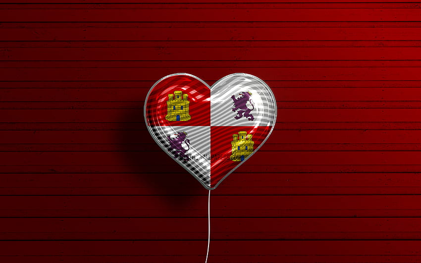 Saya Suka Castile dan Leon,, balon realistis, latar belakang kayu merah, Hari Castile dan Leon, Komunitas Spanyol, bendera Castile dan Leon, Spanyol, balon dengan bendera, komunitas spanyol, bendera Castile dan Leon, Castile dan Leon Wallpaper HD