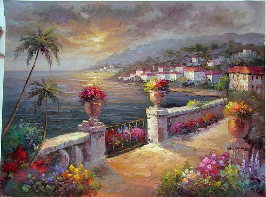 Mediterranean Sea, sea, seaside, painting, nature, Mediterran HD wallpaper