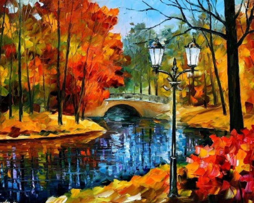 Por Leonid Afremov, parque, rio, Leonid Afremov, pintura, arte, ponte, outono, parque papel de parede HD