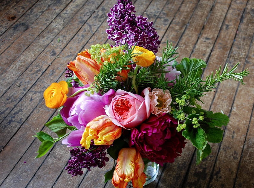 Flowers, Lilac, Tulips, Bouquet, Vase, Ranunculus, Ranunkulus, Floor HD wallpaper