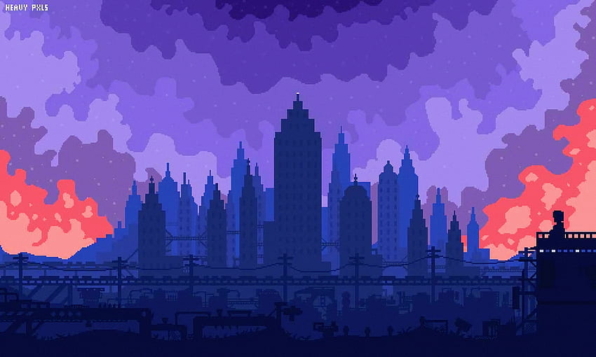 Cielos altos, edificios, silueta, paisaje urbano, pixel art. fondo de pantalla