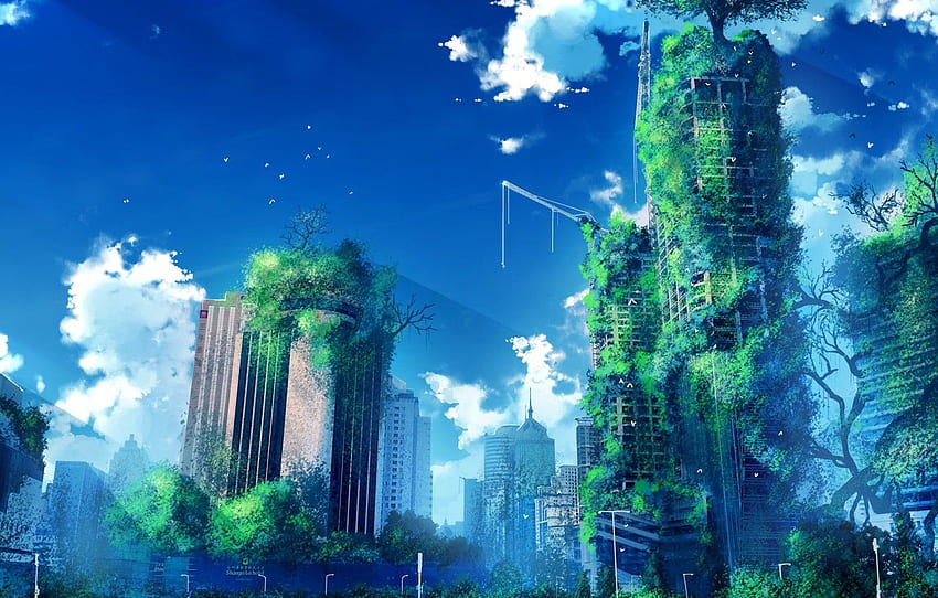verdes, el cielo, pájaros, la ciudad, abandonado, por anonamos para , sección арт fondo de pantalla