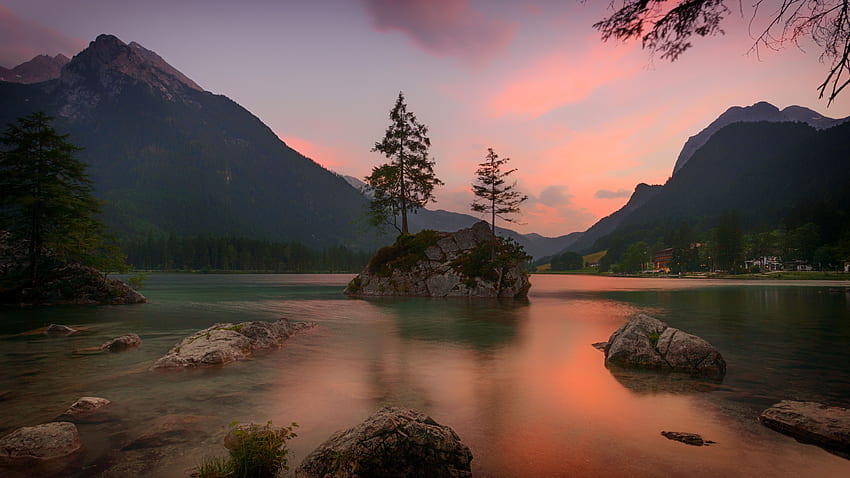Германия, природа, дървета, планини, скали, езеро, Ramsau Bei Berchtesgaden, Ramzau-Bai-Berkhtesgaden HD тапет