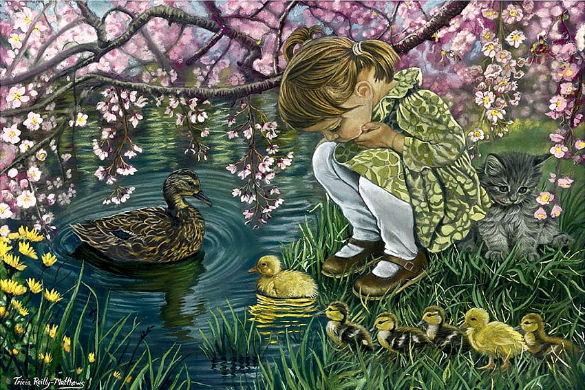 A Mothers Love, ducks, chicken, painting, trees, flowers, girl, spring HD wallpaper