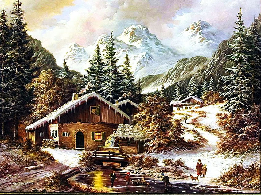 Cottage in Victorian Times, winter, frozen, firs, house, people, artwork, painting, snow, ice, pond HD wallpaper