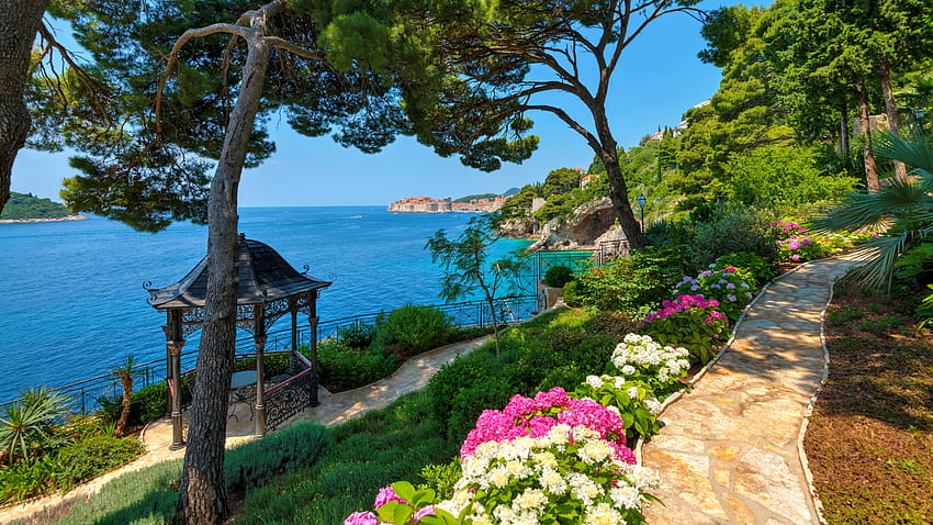 Villa Bellavista, Dubrovnik, mare, gazebo, villa, Dubrovnik, primavera, Croazia, estate, veduta, fiori Sfondo HD